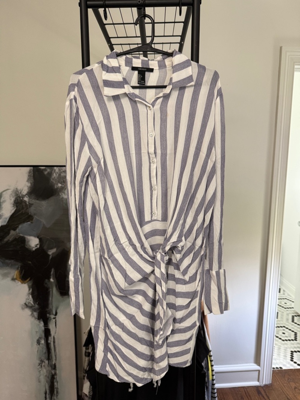Striped Blue and White Tie-Front Long Sleeve Shirt
